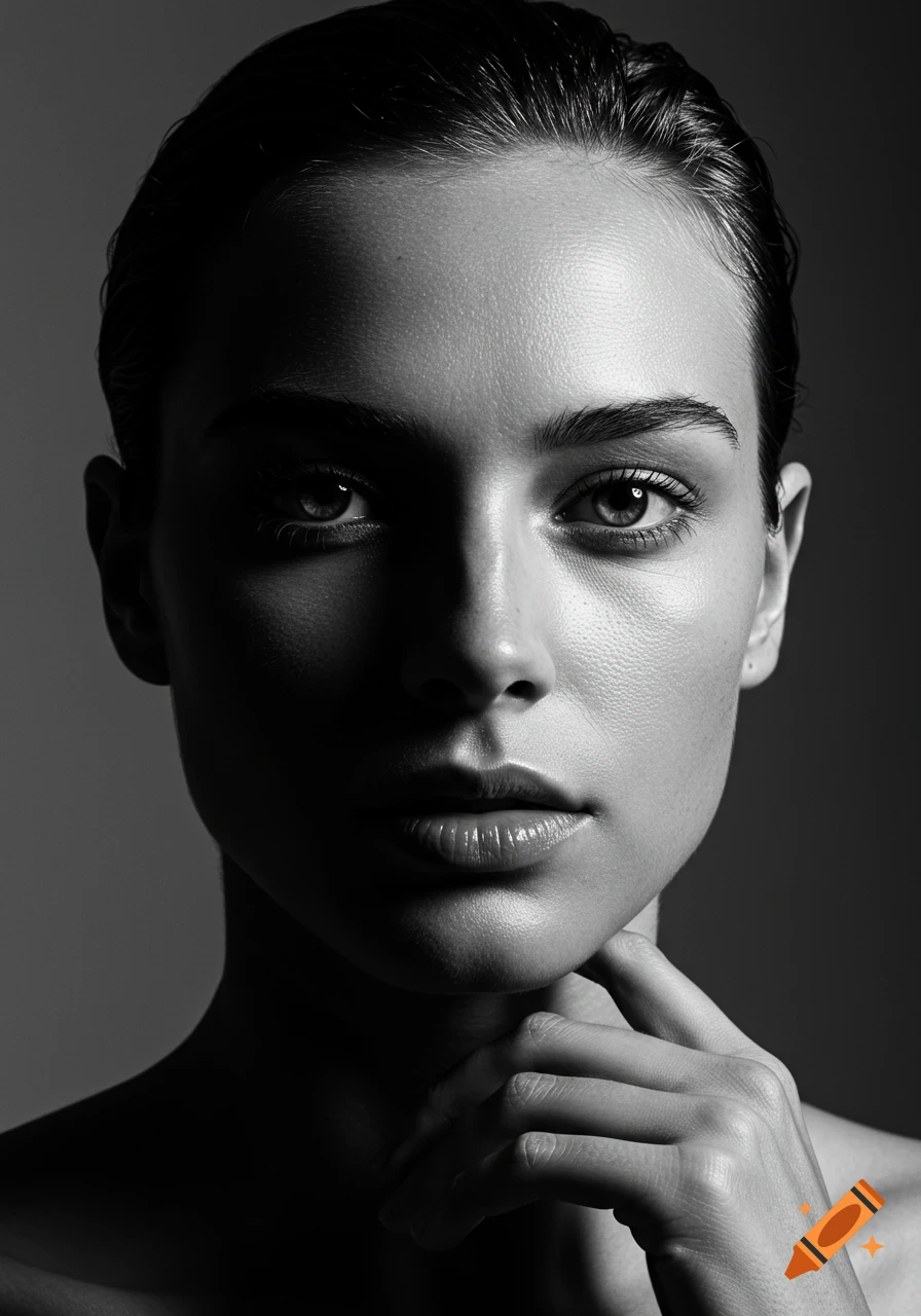 Black and white close-up studio portrait of a woman with dramatic lighting, sharp eyes, and a hand touching her chin.