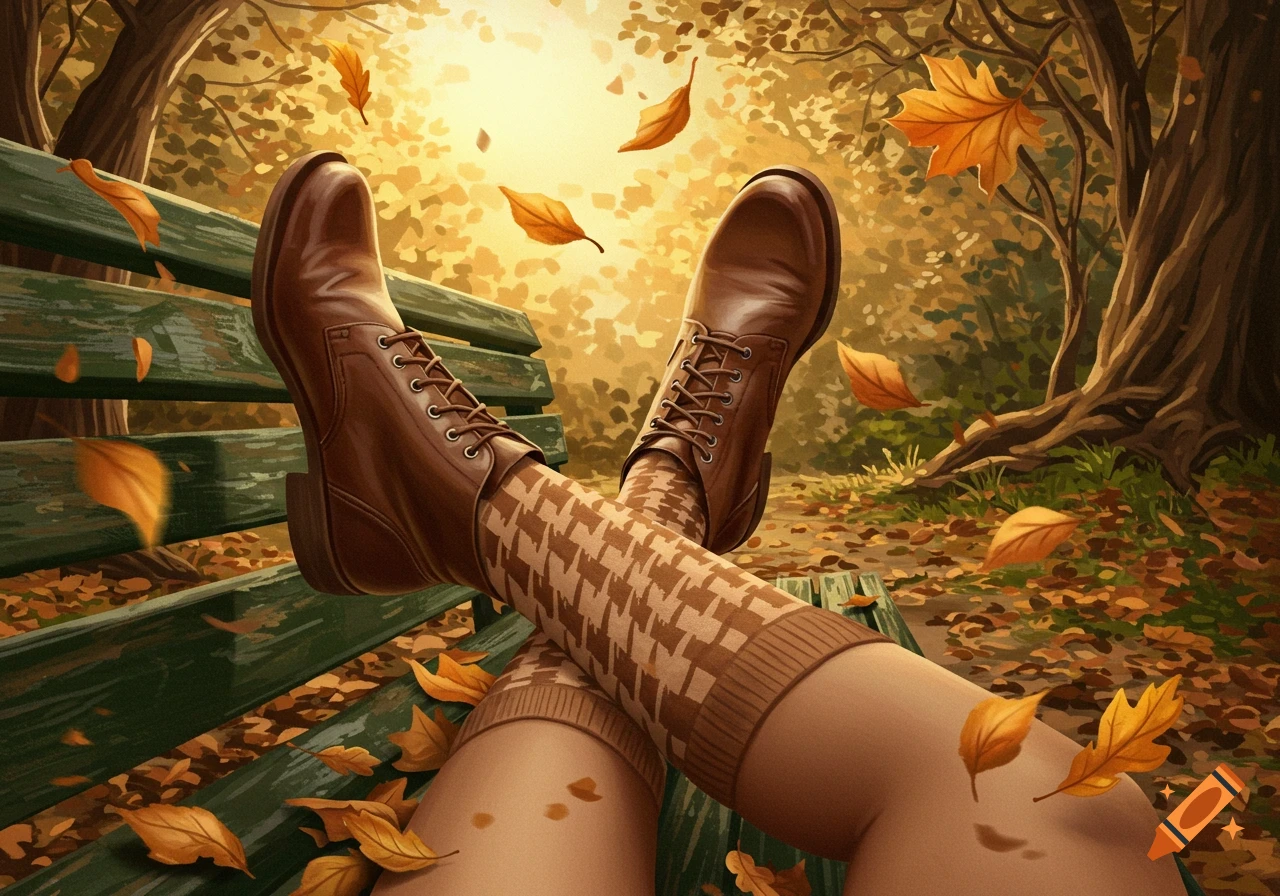 Person's legs in brown boots and patterned high socks resting on a green park bench in an autumn forest with falling golden leaves.