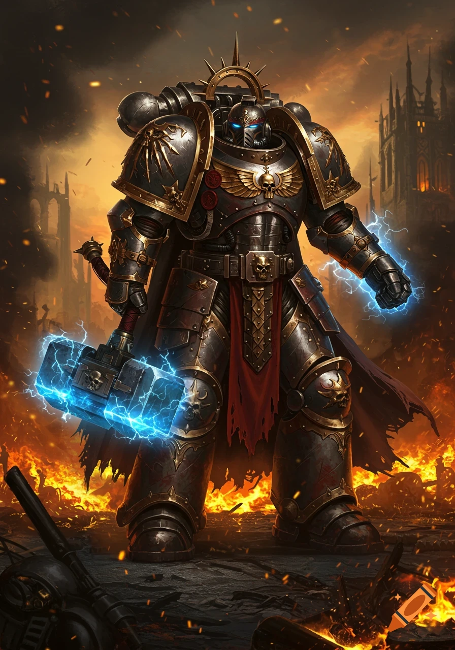 A heavily armored space marine-like warrior in black and gold armor, holding a glowing blue energy hammer amidst a fiery battlefield with ruined structures in the background. Digital art.