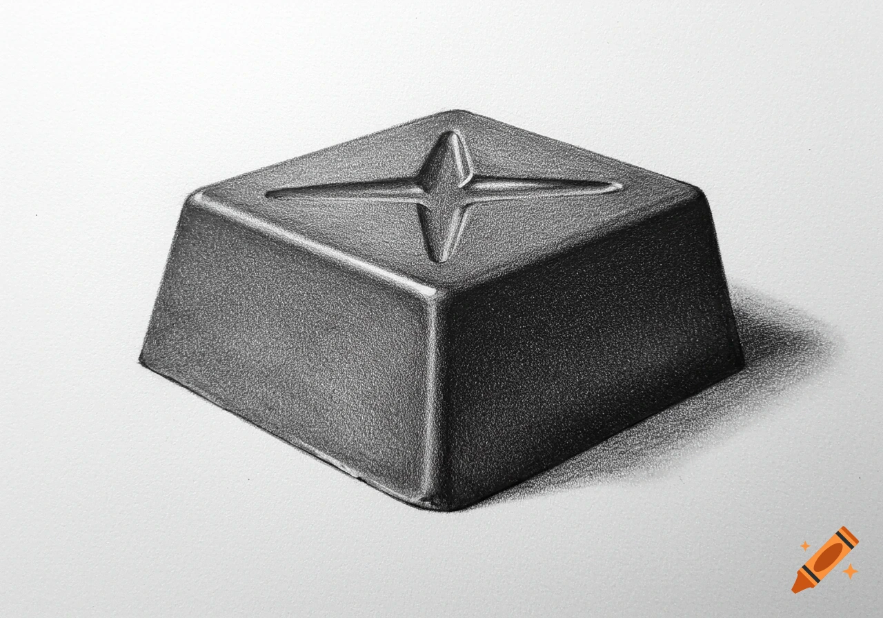 A detailed graphite pencil drawing of a square chocolate with a star symbol on top, casting a soft shadow.