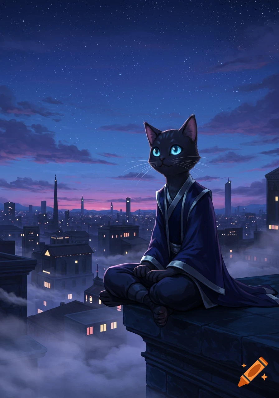 An anime black cat humanoid in a blue robe meditates on a rooftop overlooking a misty city at night under a starry sky.
