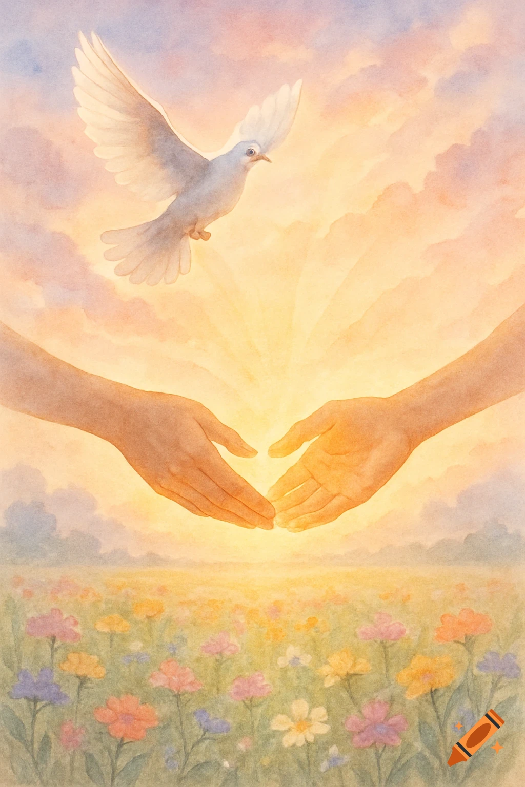 Watercolor of a white dove, hands reaching, and a flower field under a radiant sunrise.