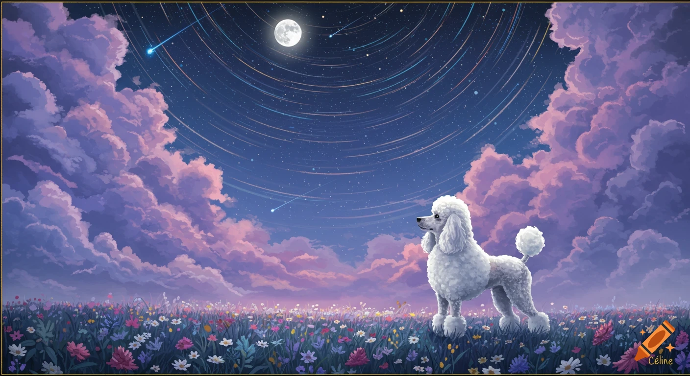 A white poodle stands in a field of wildflowers under a dreamy night sky with a full moon, shooting stars, and pink clouds. Illustration.