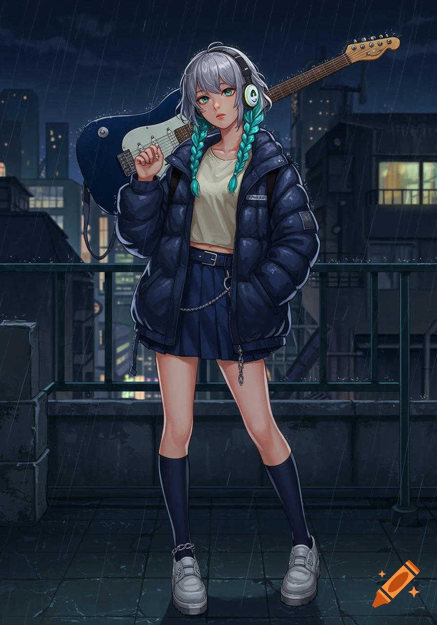 An anime girl with silver hair and turquoise braids stands on a rainy city rooftop, holding a blue electric guitar. She wears a large navy puffer jacket, a short pleated skirt, and headphones with a white umbrella logo.