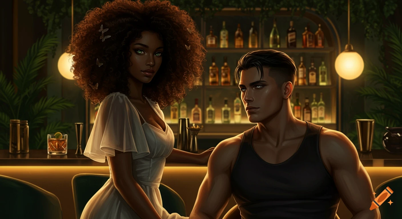 A beautiful Black woman with curly hair and a handsome man sit at a luxurious bar, looking at each other, in a detailed anime style.