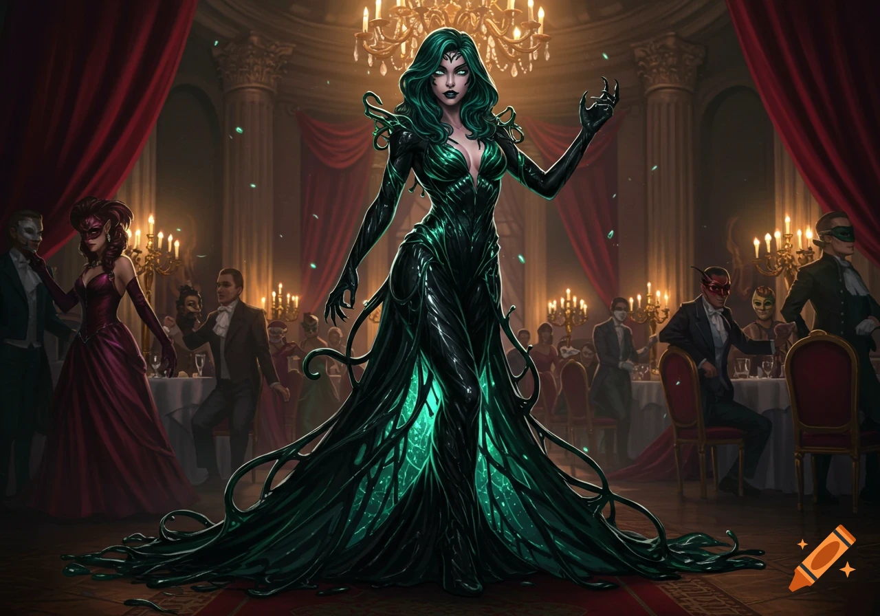 She-Venom in an extravagant dark green gown with glowing tendrils, standing amidst masked attendees at a grand gothic gala.