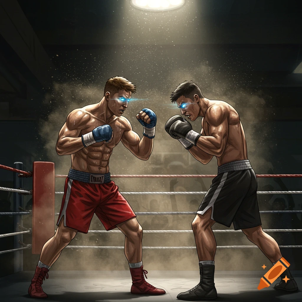 Two muscular boxers with glowing blue eyes face off in a dramatic, illustrated boxing ring.