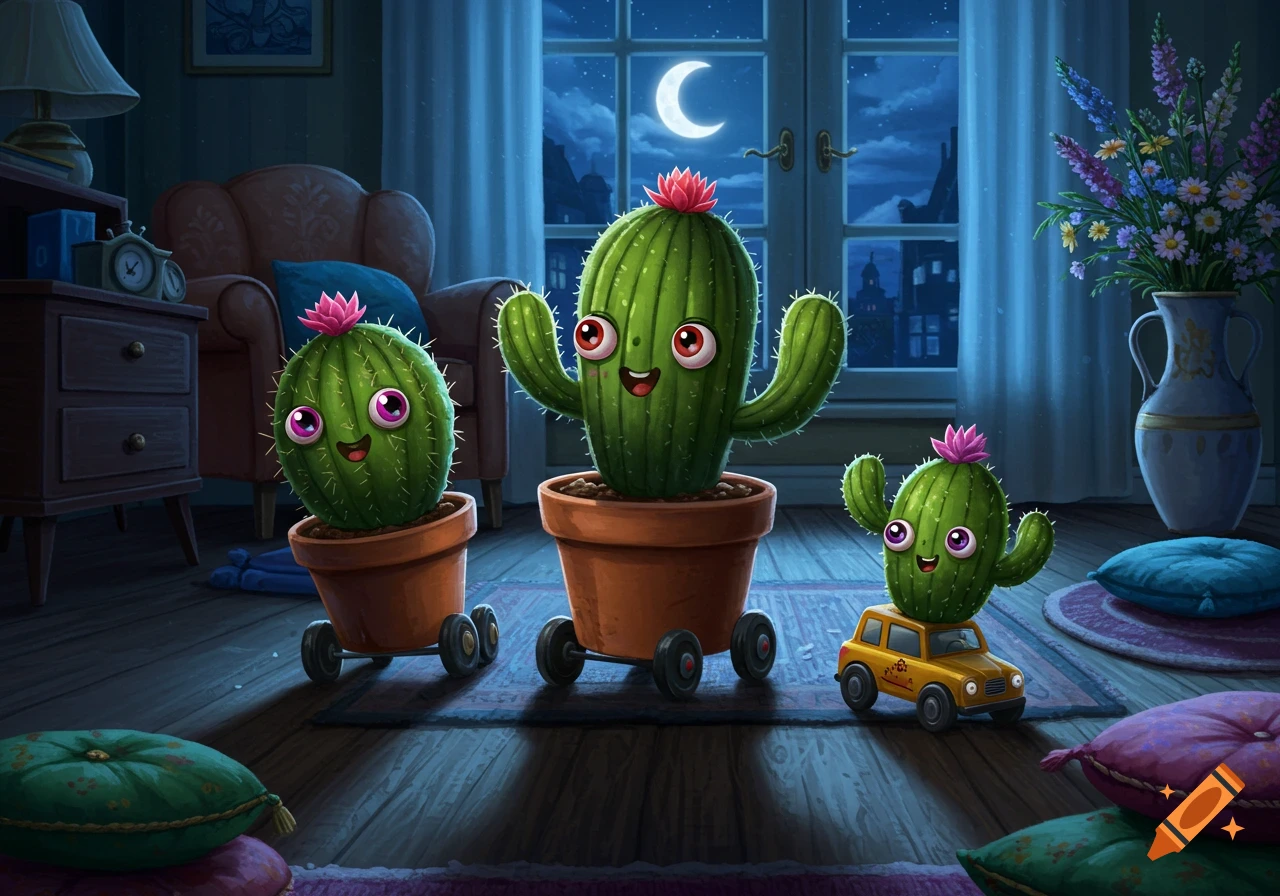 Three whimsical cartoon cacti with faces, two in pots on wheels and one on a yellow toy car, roll through a moonlit living room at night.