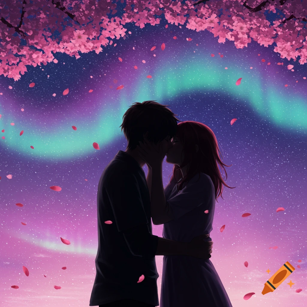 A silhouetted anime couple kisses under a pink cherry blossom tree with petals falling, against a starry purple sky and green aurora.