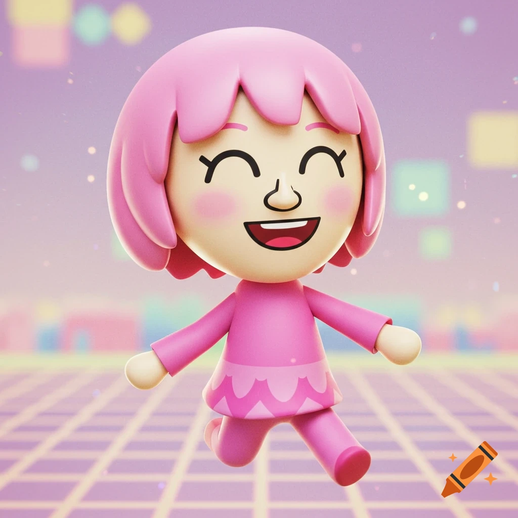 A cheerful pink Mii-style character with short hair, rosy cheeks, and an open mouth smile, runs on a glowing purple grid background.