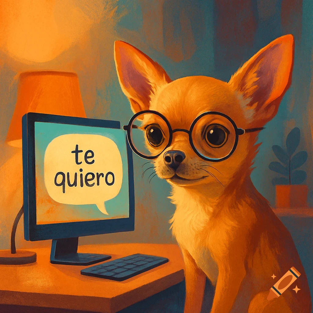 A cute chihuahua with glasses sits at a desk with a computer displaying 'te quiero', in a painterly style.