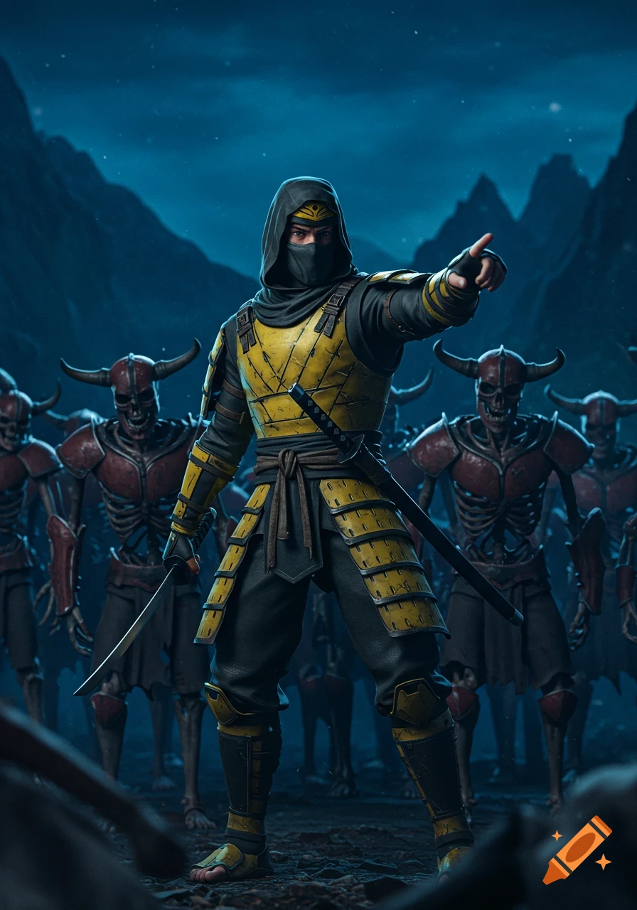 A warrior in yellow and black ninja armor points forward, leading undead soldiers with horned skulls at night in front of mountains. Ultra-detailed 3D cinematic render.