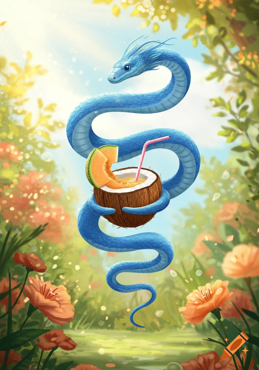 A blue dragon-like snake hovers, coiled around a coconut drink with a cantaloupe slice in a lush, sunlit garden.