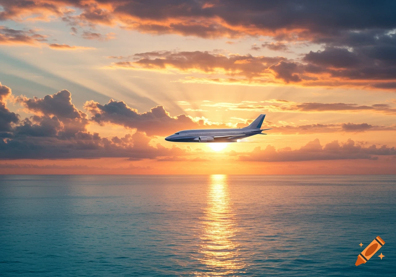 Silver airplane flying above a tranquil ocean at sunset, with a vibrant orange and pink sky.