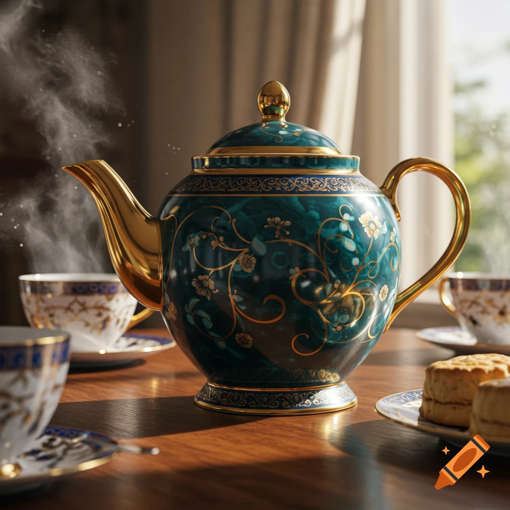 A beautiful teal and gold ornate teapot with steam rising, surrounded by teacups and scones on a wooden table.