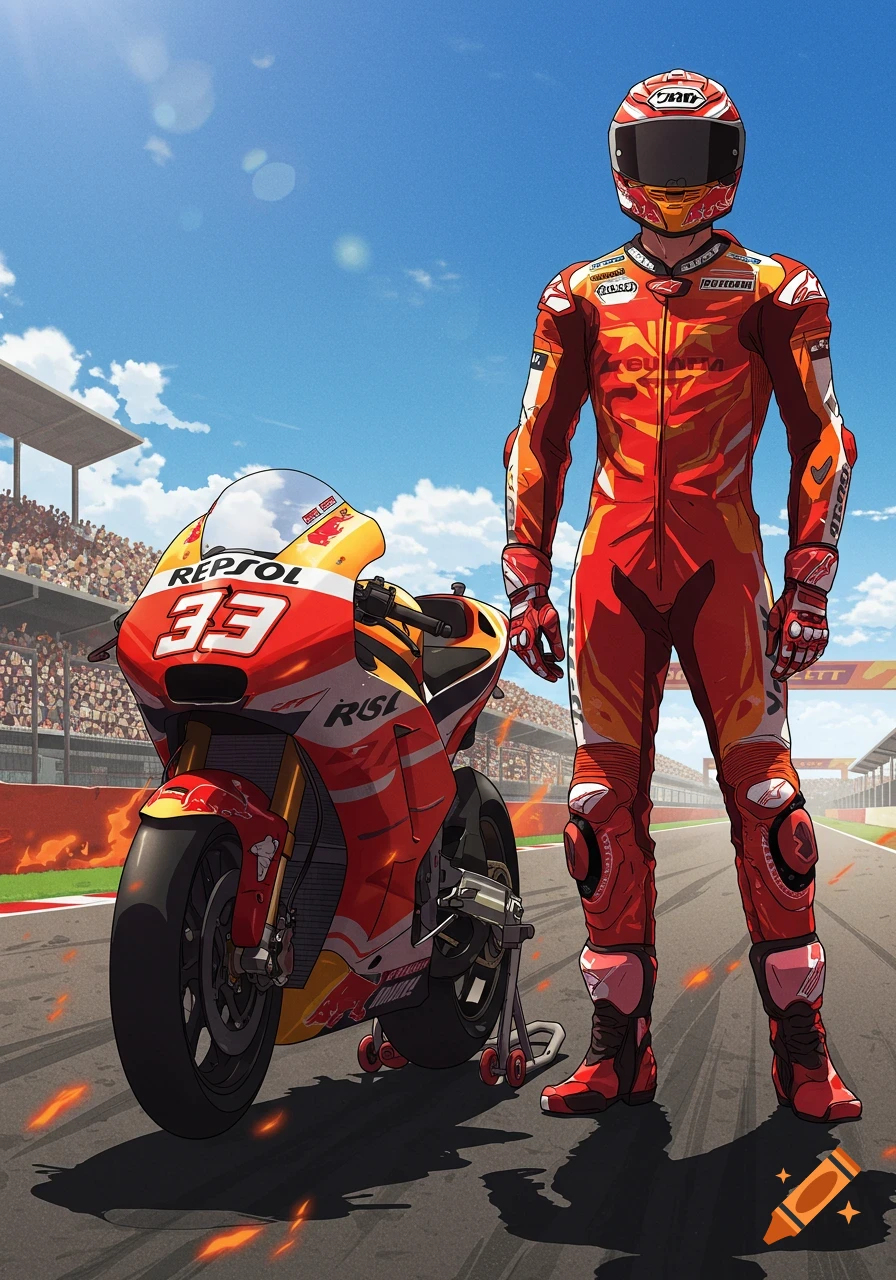 Anime man in a red and orange racing suit and helmet standing beside a matching MotoGP motorcycle on a track.