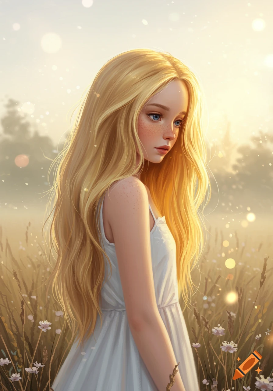 A digital art portrait of a blonde girl with blue eyes and freckles, wearing a white dress, standing in a sunlit field with sparkling lights.