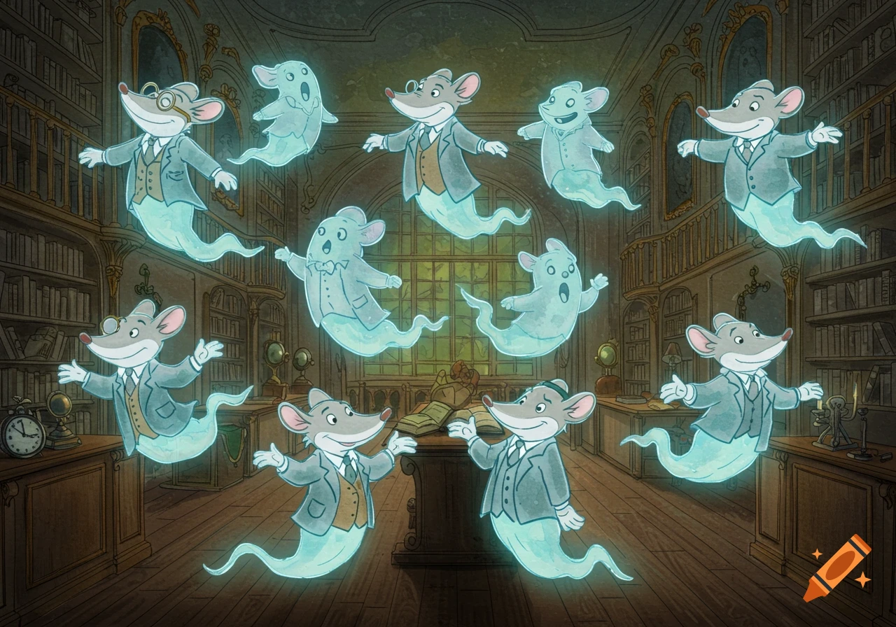 Cartoon illustration of ten glowing ghost mice floating in a dimly lit, old-fashioned library.