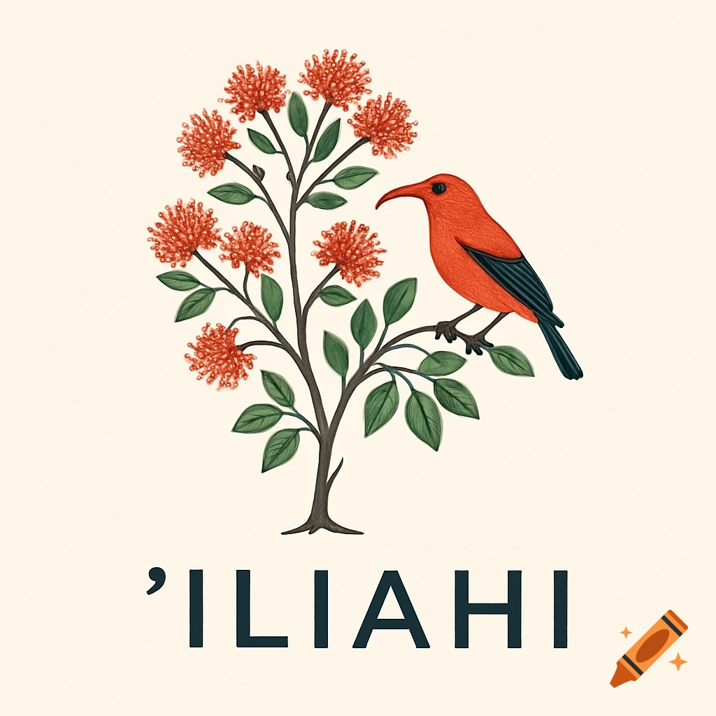 Illustration of an orange bird perched on a branch of a flowering tree with red blossoms and green leaves. The text 'ILIAHI is below.