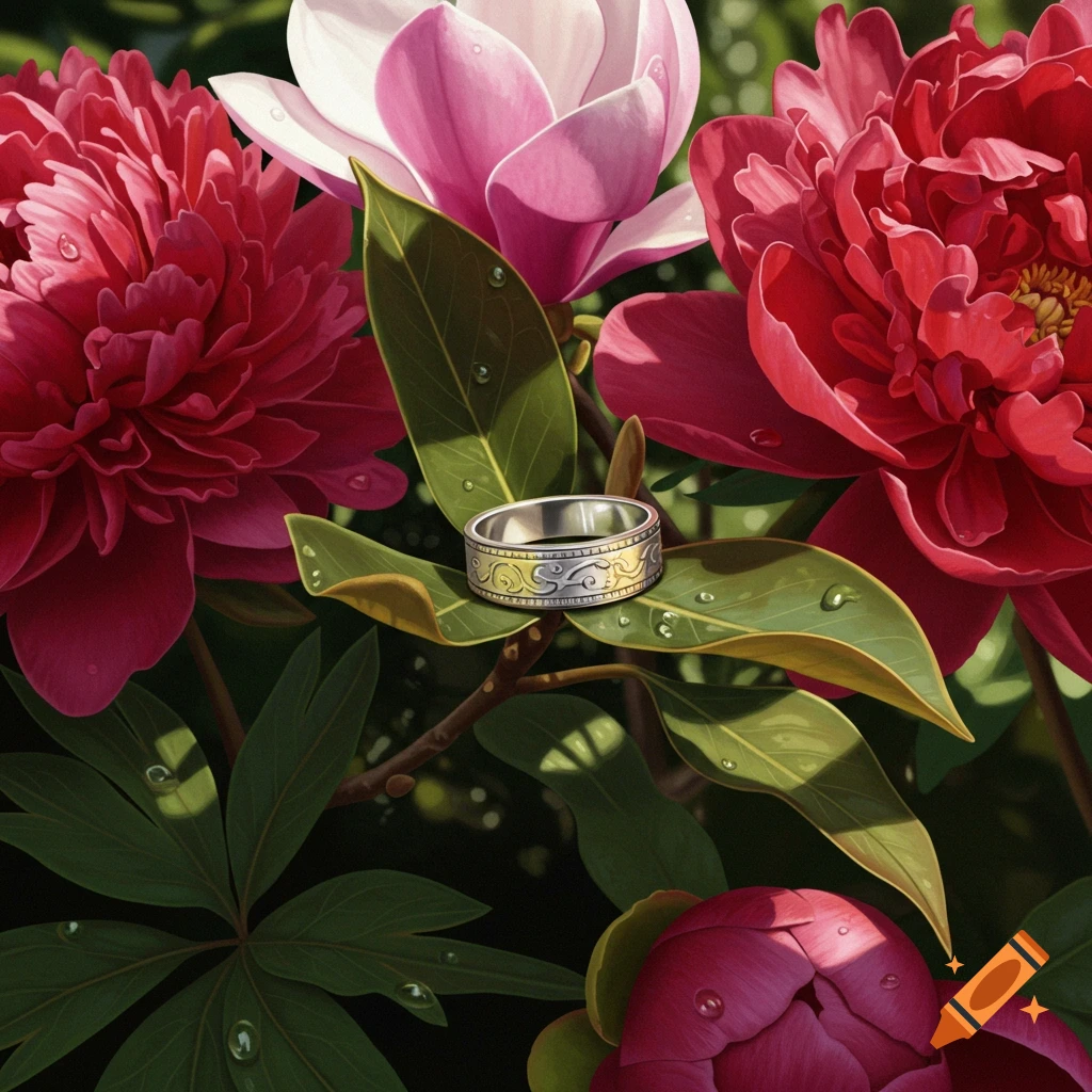 A silver and gold patterned ring rests on a green leaf with dewdrops, surrounded by vibrant red and pink flowers.