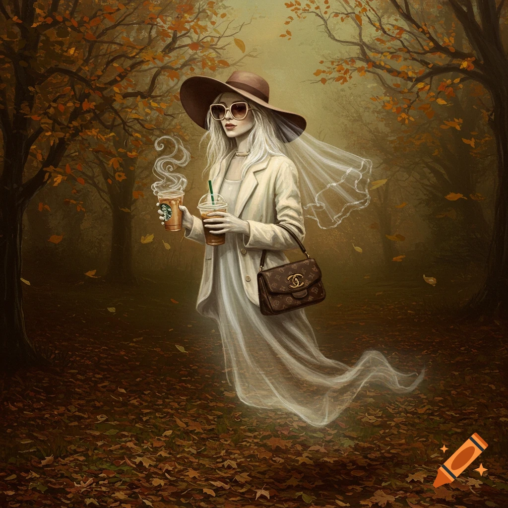A whimsical ghost woman in an oil painting, wearing a stylish hat and sunglasses, holding two coffees and a designer purse in a dark autumn forest.