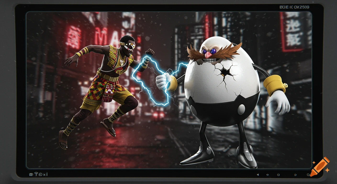 An African warrior in traditional attire with electric powers confronts a cracked, menacing Eggman character. The scene is viewed through a CCTV monitor against a dark, rainy, neon-lit cyberpunk city backdrop.