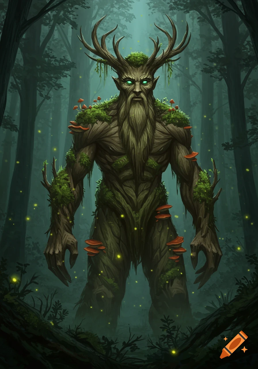 A formidable tree spirit with antlers, glowing eyes, moss, and mushrooms stands in a dark, misty forest with fireflies.