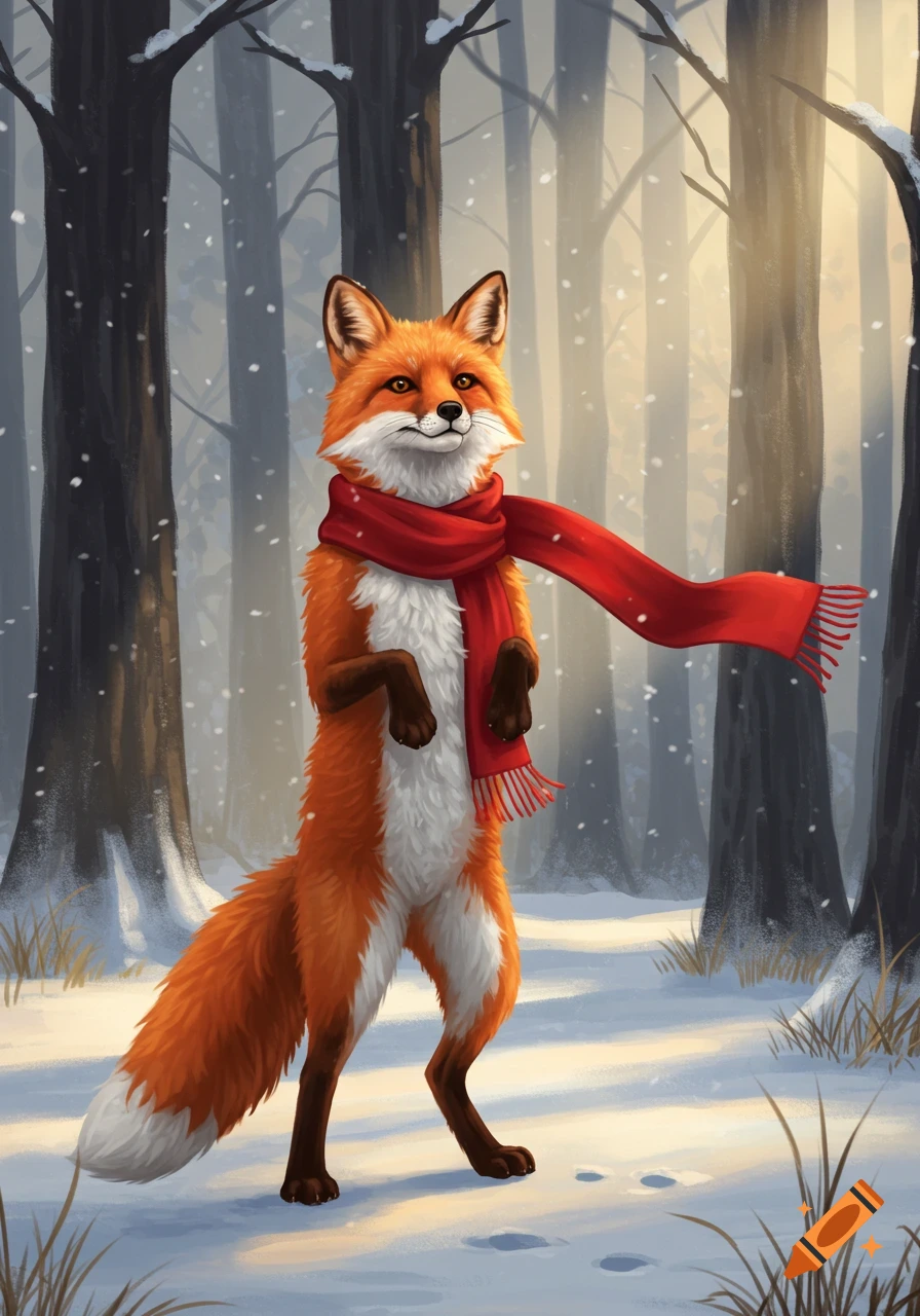 An illustrated orange and white fox wearing a red scarf stands upright in a snowy forest.
