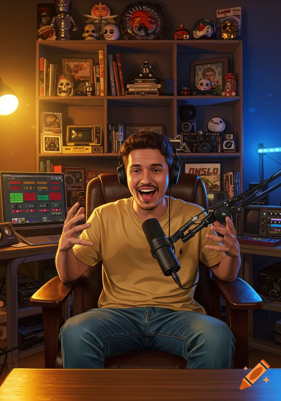 A smiling young man with headphones and a microphone sits at a desk with a laptop, in front of a cluttered bookshelf, in an illustrative style.
