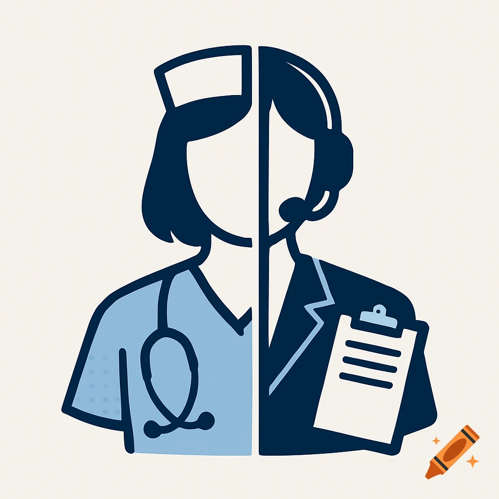 Pictogram logo of a woman split in half, one side a nurse with a stethoscope, the other a secretary with a headset and clipboard.