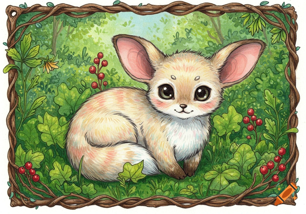 A cute fennec fox with big ears sits among green foliage and red berries, framed by twisted vines, in a colored pencil illustration.
