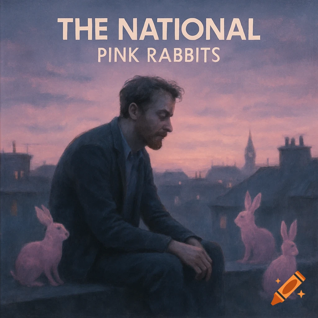 Painterly album cover of a man with three pink rabbits on a rooftop at sunset, overlooking a city. Text: THE NATIONAL PINK RABBITS.