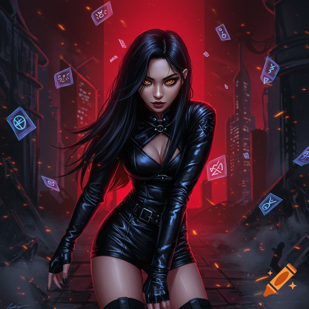 A fierce woman with long black hair and glowing orange eyes wears a black leather outfit against a red-lit ruined city background with floating magical symbols.