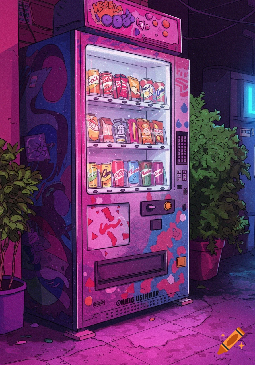 A vibrant, neon-lit vending machine in a synthwave-style city street scene, with plants and graffiti and garbled text.