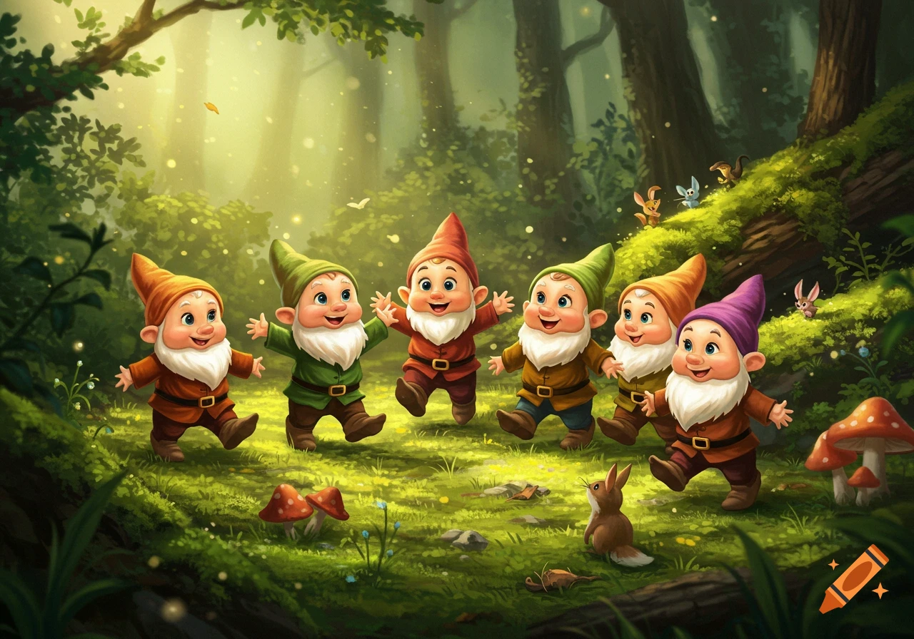 Seven happy cartoon baby dwarves skipping through an enchanted forest with sparkling light, mushrooms, and small forest animals.