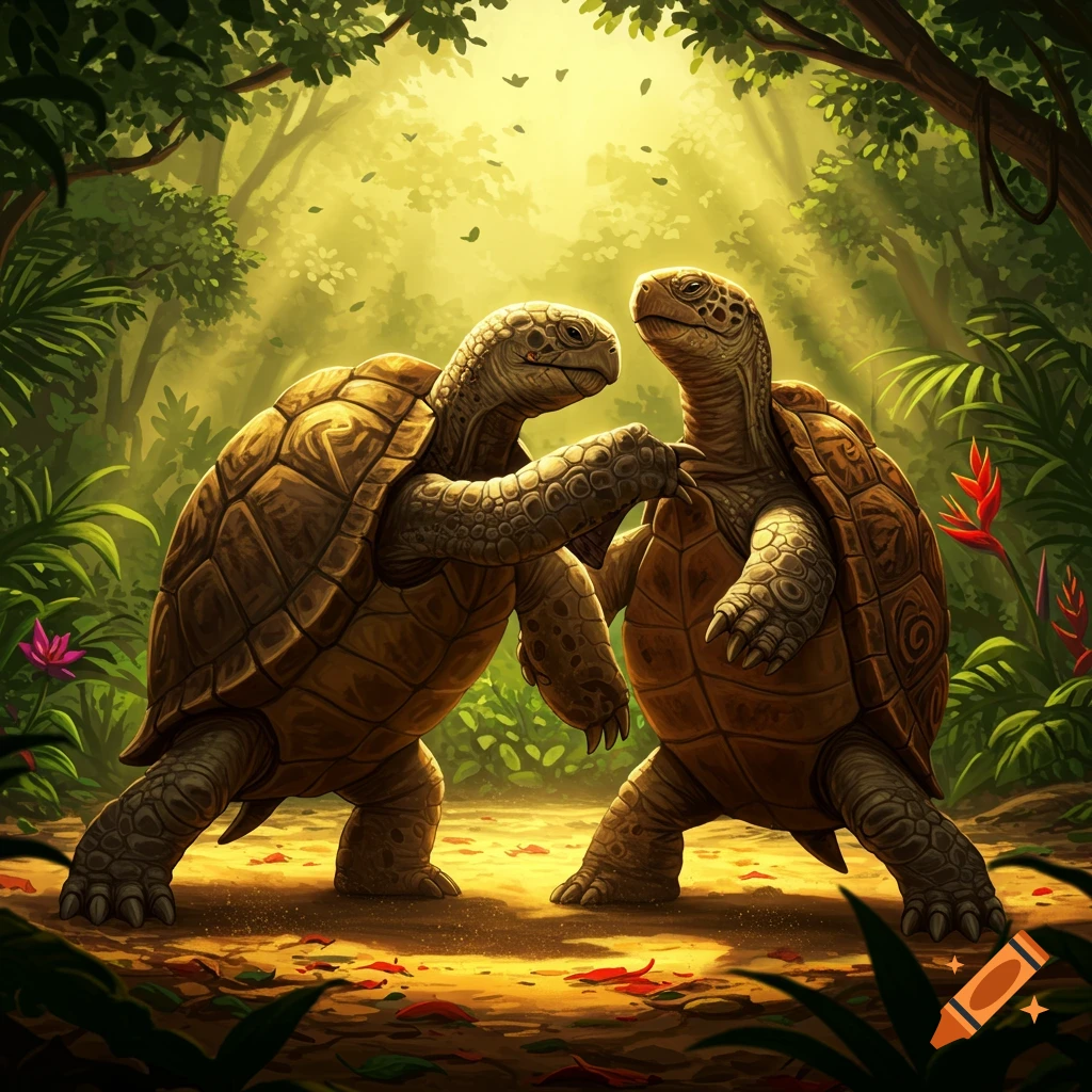 Two anthropomorphic turtles in a dynamic fighting or dancing pose in a lush, sunlit jungle, detailed illustration.