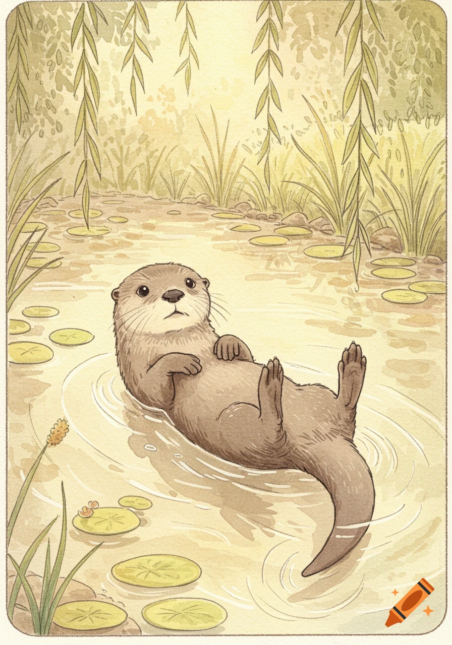 A cute watercolor illustration of a brown otter floating on its back in a pond with lily pads and willow branches.