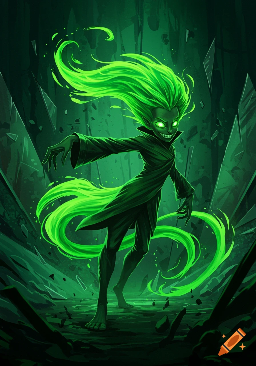 A sinister, glowing green creature with sharp teeth and flowing green hair stands in a dark, jagged green landscape, digital art.