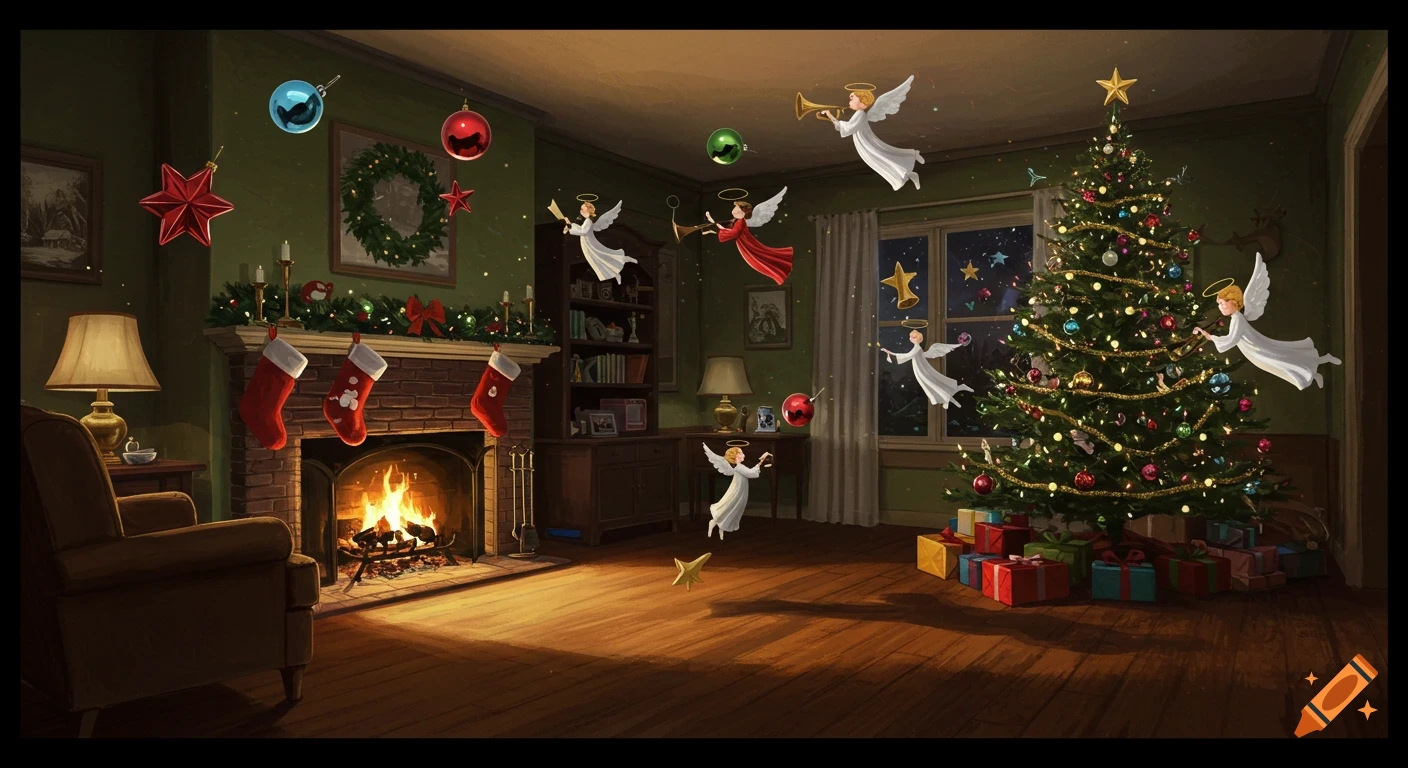 An illustrated Christmas living room with a lit fireplace, decorated tree, and angels floating with instruments and ornaments.
