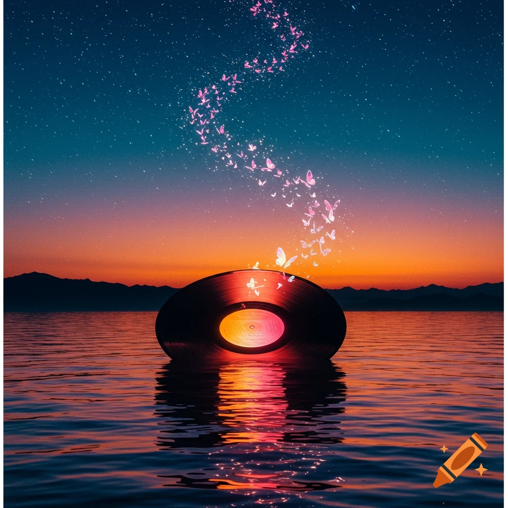 A surreal image of a vinyl record floating on water at sunset, with pink butterflies flying from it into a starry sky over mountains.
