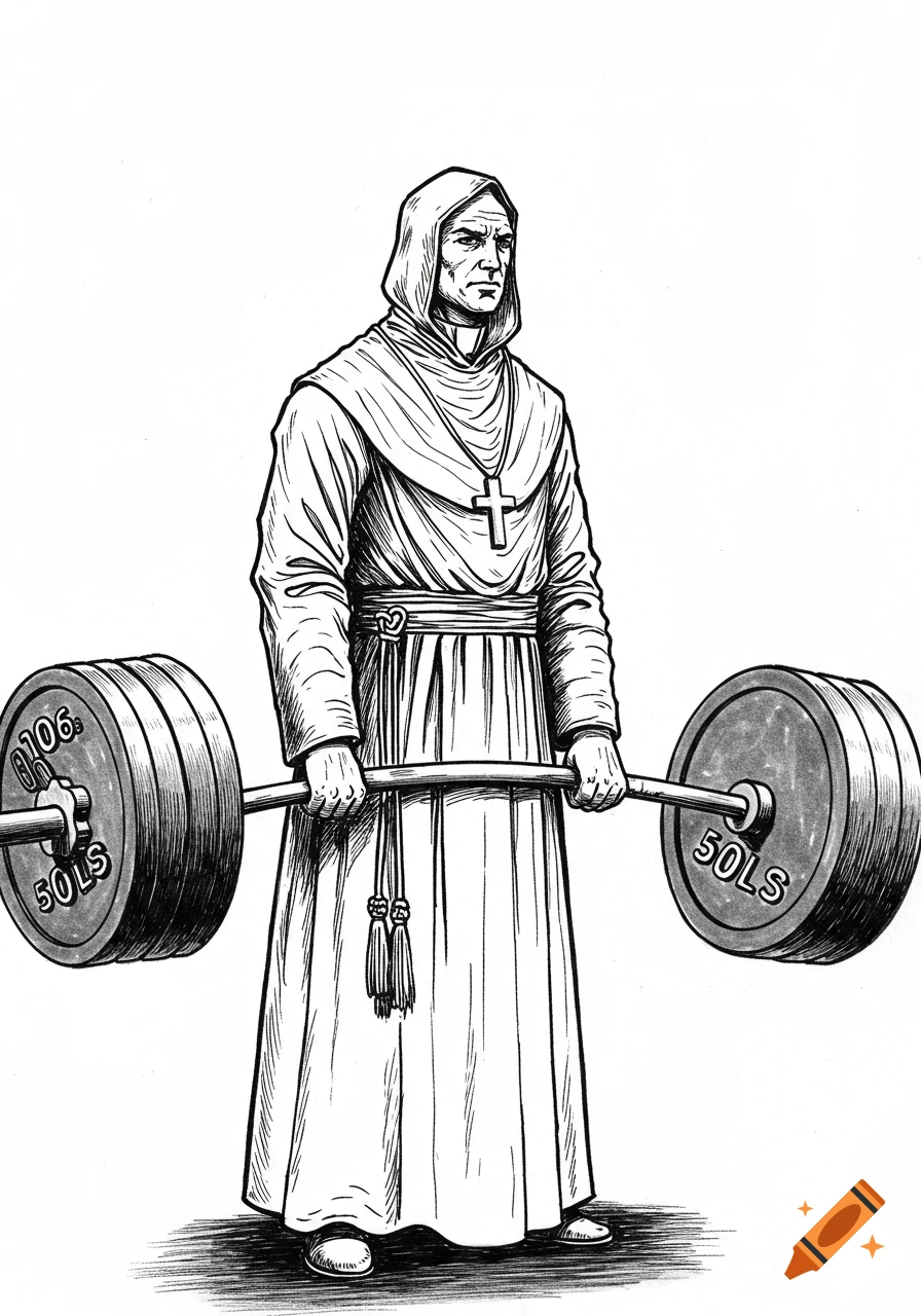 A black and white hand-drawn illustration of a serious cloaked priest with a cross necklace, performing a deadlift with a barbell.
