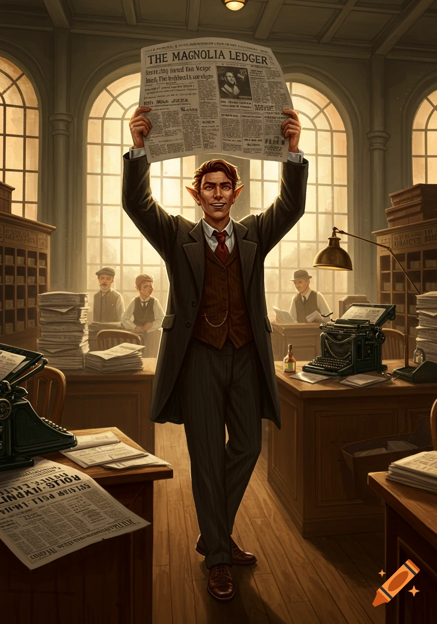 A proud half-elf in a vintage suit stands in a bustling newspaper office, holding up a newspaper titled "The Magnolia Ledger".