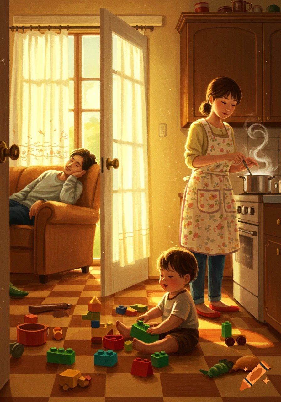 An illustration of a sunlit home with a mother cooking, a father sleeping on a couch, and a child playing with blocks on the floor.