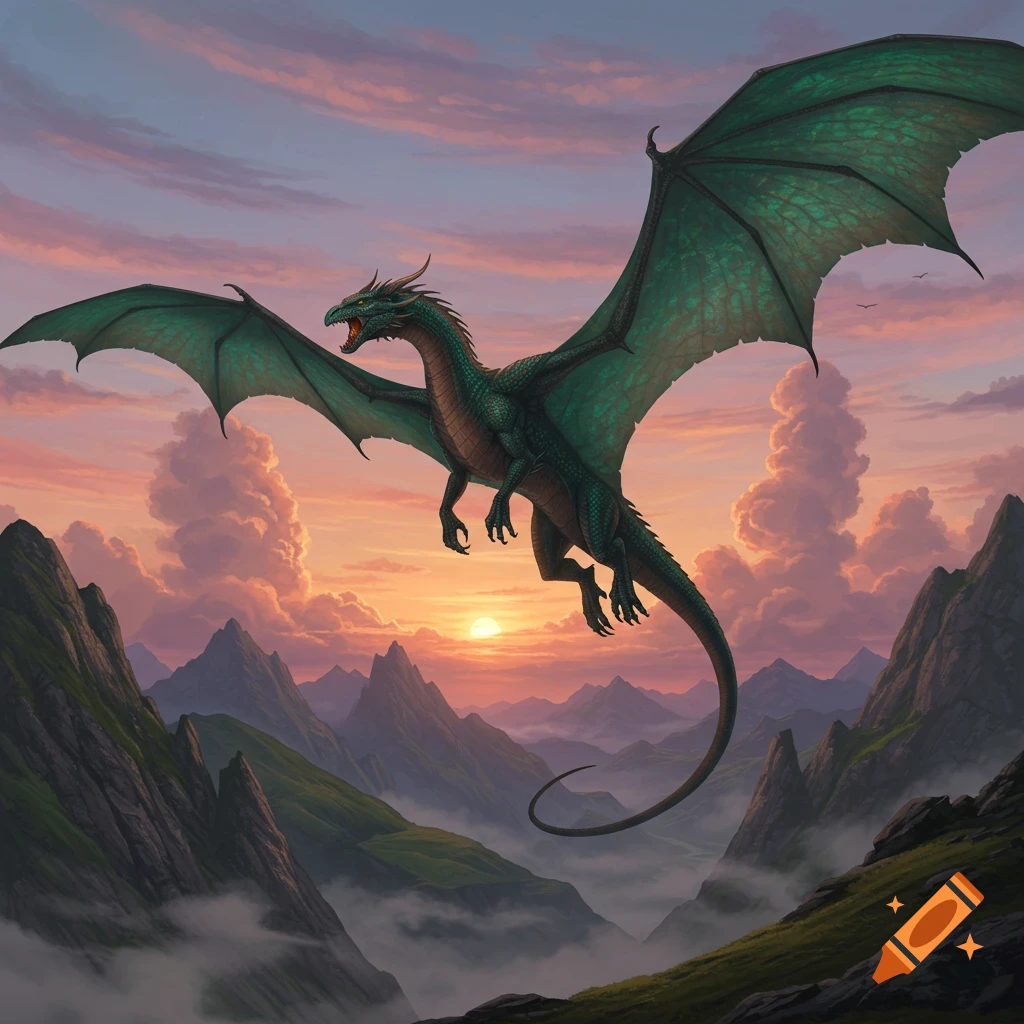 A majestic green dragon with large wings soars above misty mountains during a vibrant sunset, with orange and purple clouds.