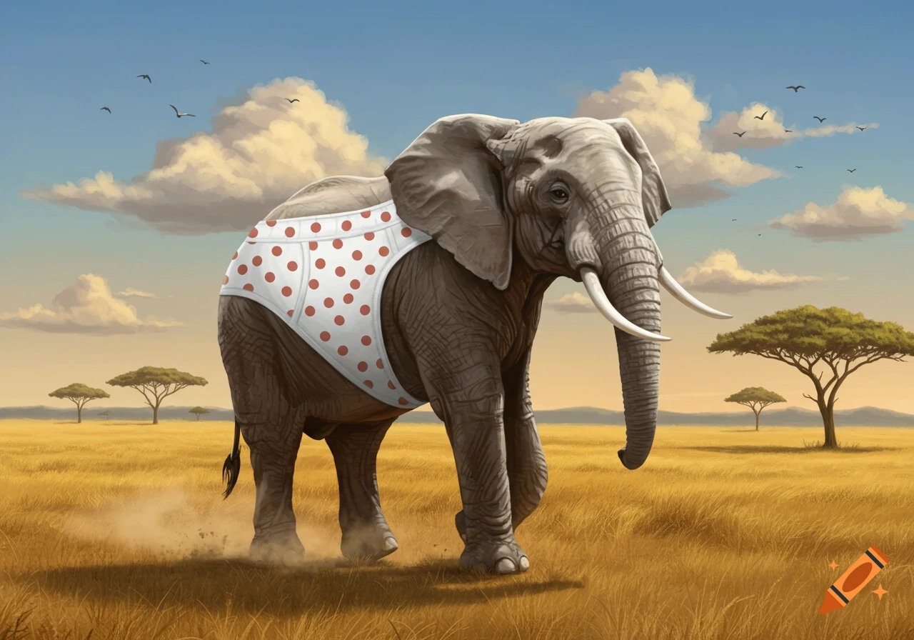 An elephant wearing white underwear with red polka dots walks through a sunny savanna landscape with acacia trees.