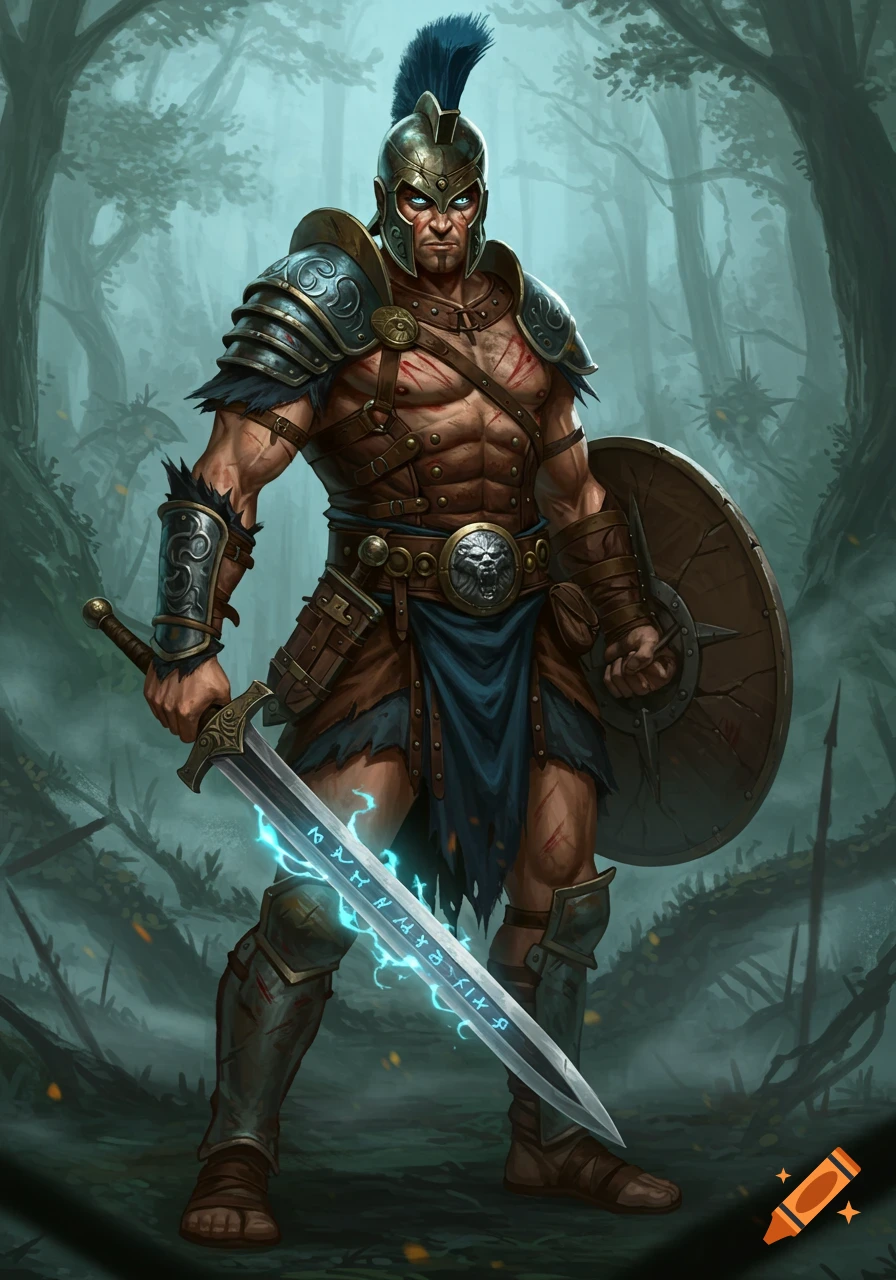 A fierce Spartan warrior with glowing eyes and battle scars, holding a glowing runic sword and shield in a misty forest.