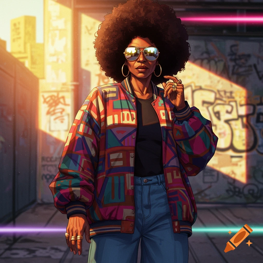 A stylish Black woman in a colorful retro bomber jacket, jeans, reflective sunglasses, and a large afro, standing in an urban alley with graffiti and neon lights.