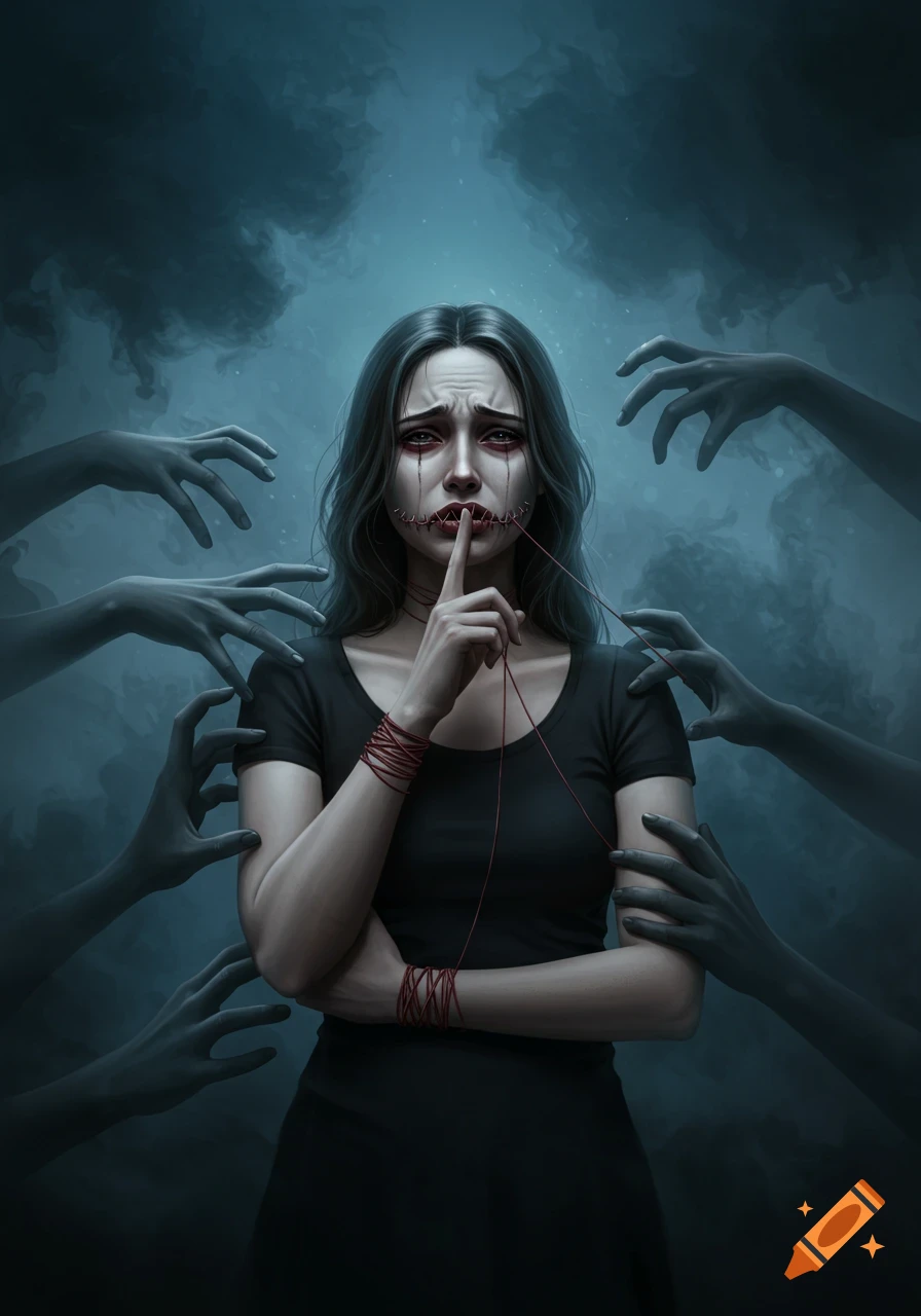 A surreal illustration of a woman with her mouth stitched shut, surrounded by shadowy hands reaching out in a dark, smoky blue atmosphere.