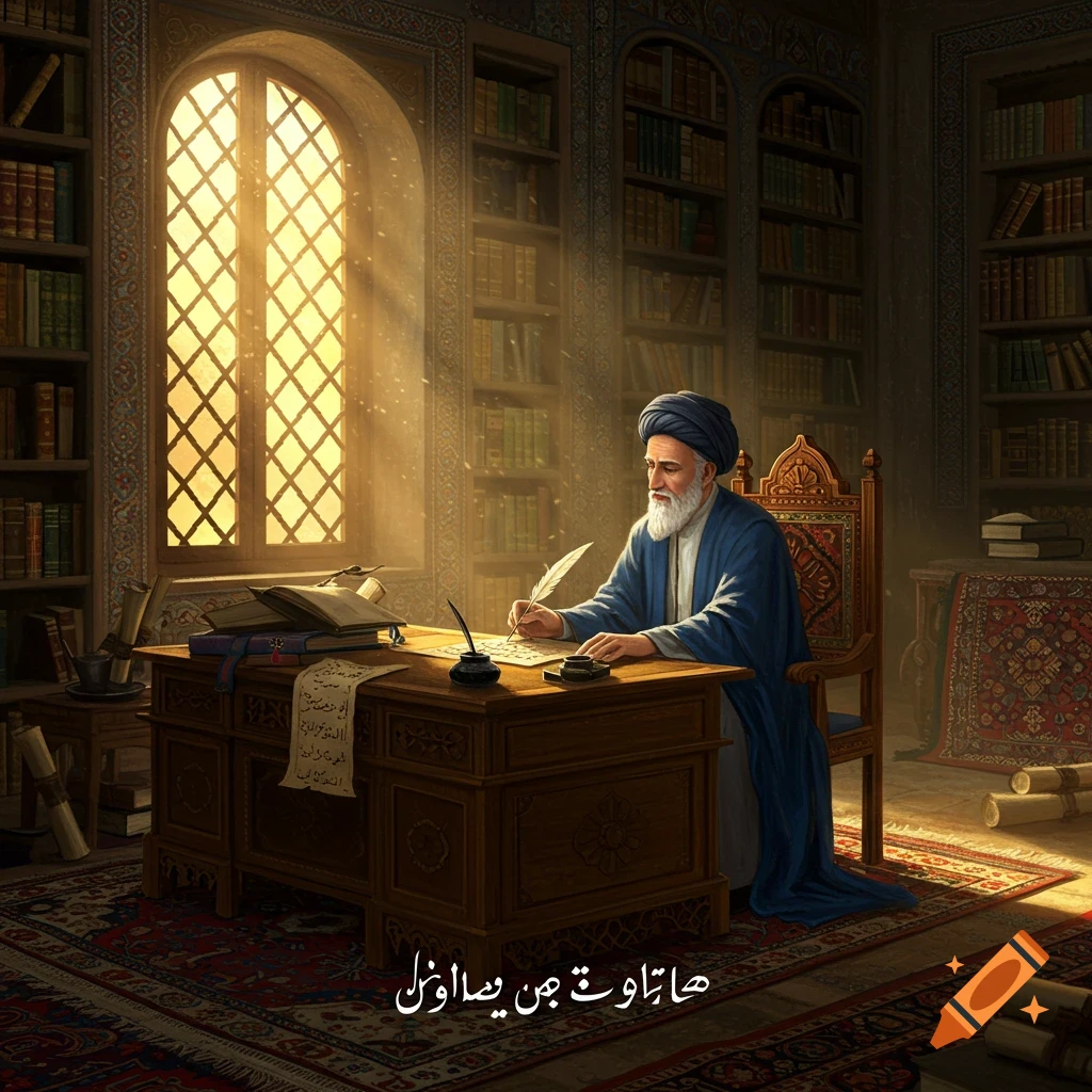 An old, bearded man in a blue turban and robe sits at a wooden desk, writing with a quill in a sunlit library.