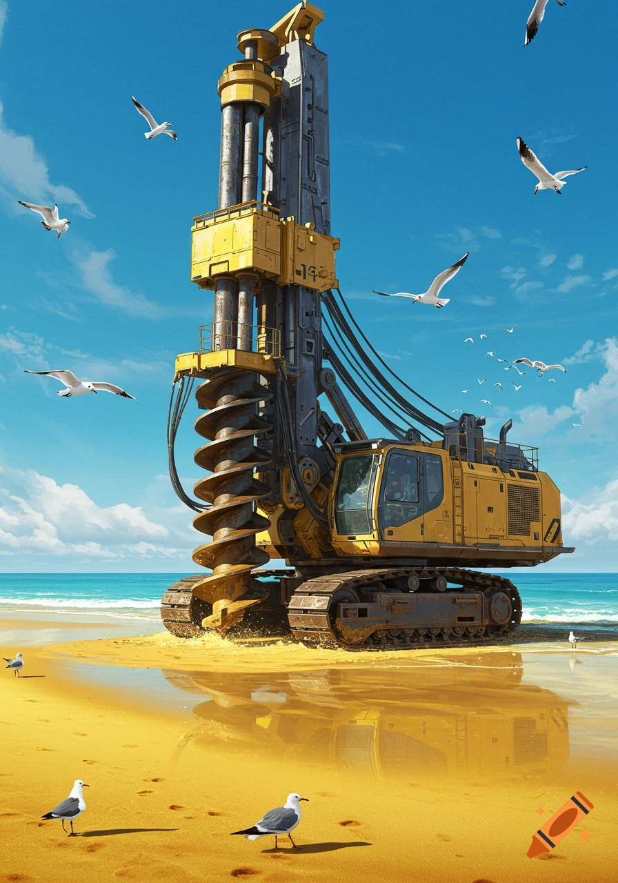 A large yellow drilling machine with an auger stands on a sandy beach next to the ocean under a blue sky, with seagulls flying and standing.